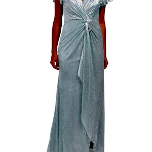 Adrianna Papell KNOT FRONT METALLIC GOWN WITH FLUTTER SLEEVE